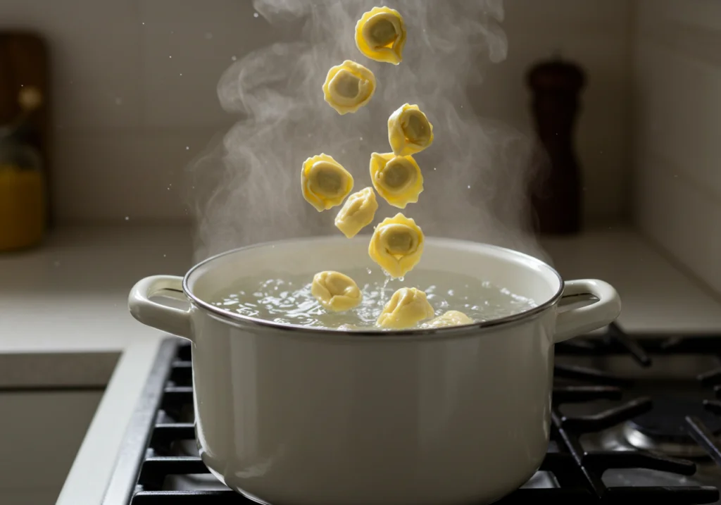 Fresh tortellini being cooked in boiling water for making käse sahne soße.