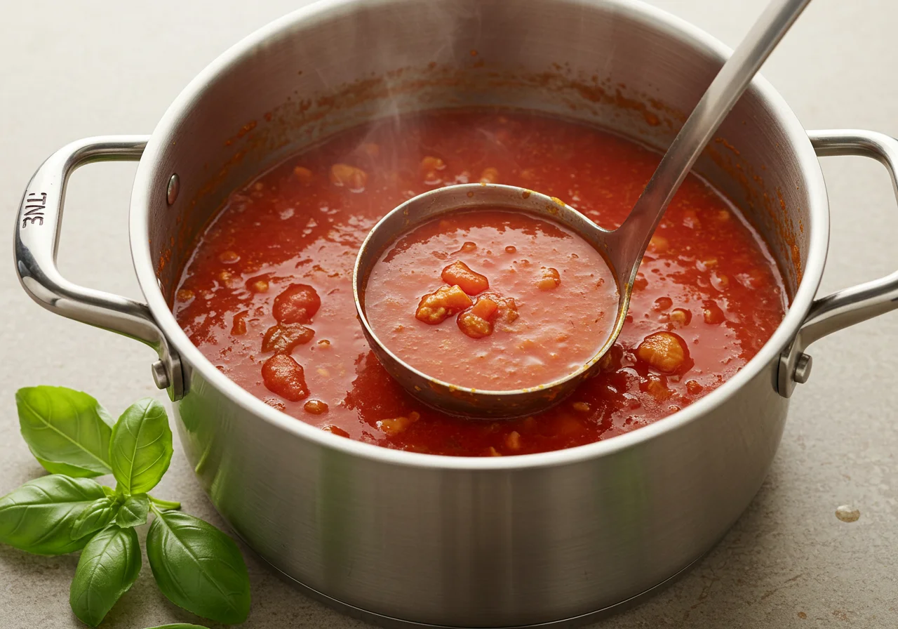 Stirring the simmering soup of passierte tomaten for the perfect tomatensuppe.