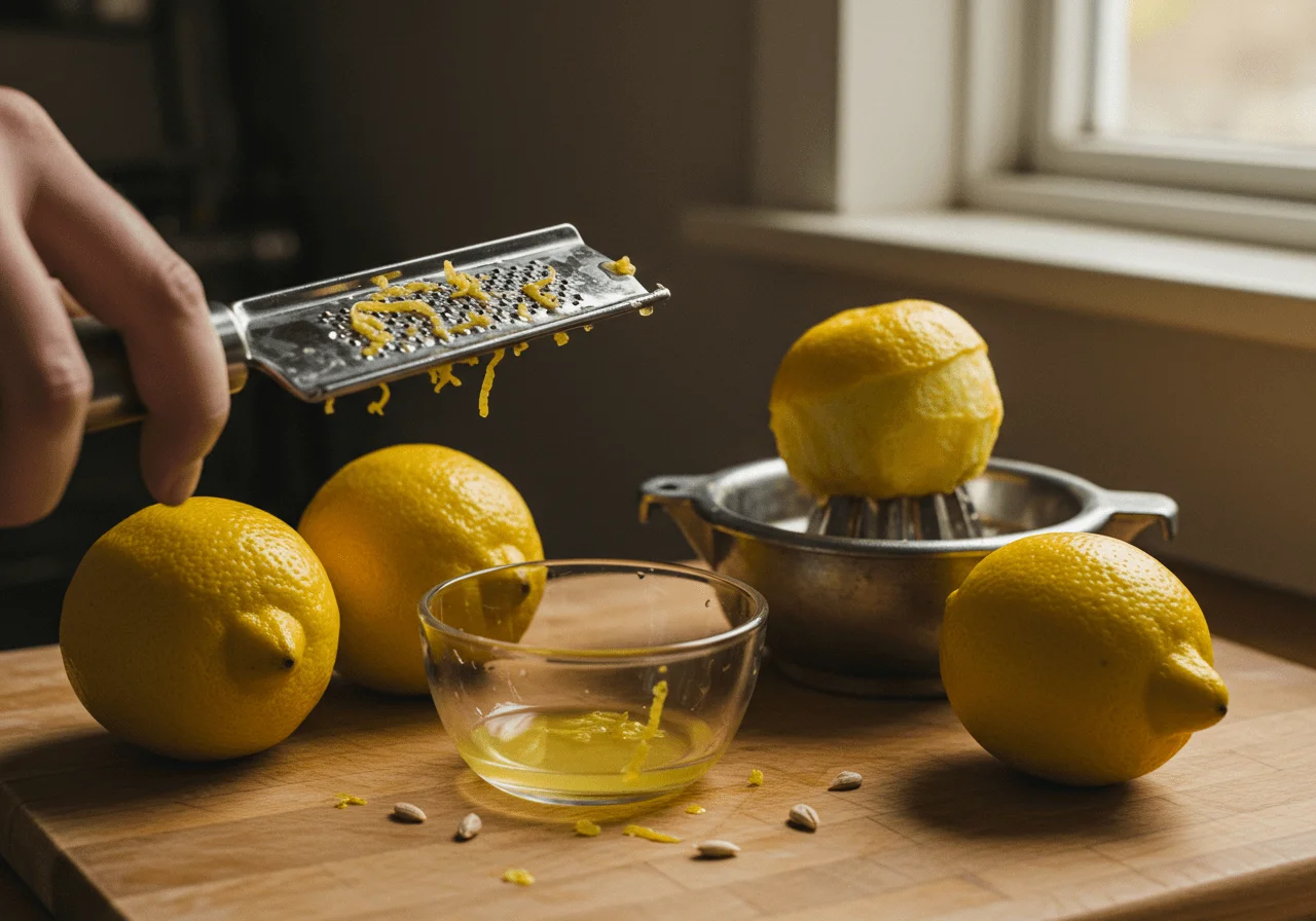Zest and juice from fresh lemons for Zitronensauce für Fisch preparation.