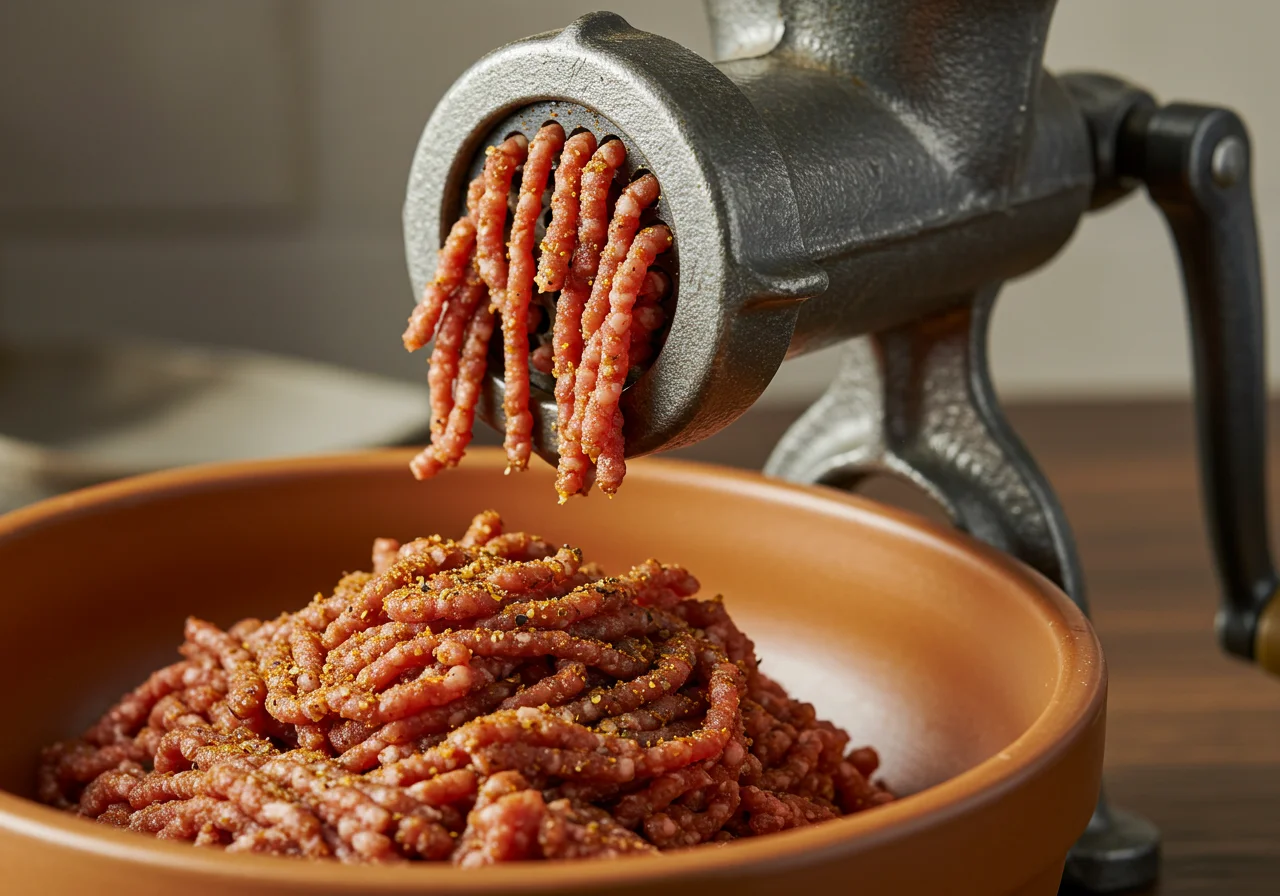 Ground meat being processed for Smoky Ahle Wurscht preparation.