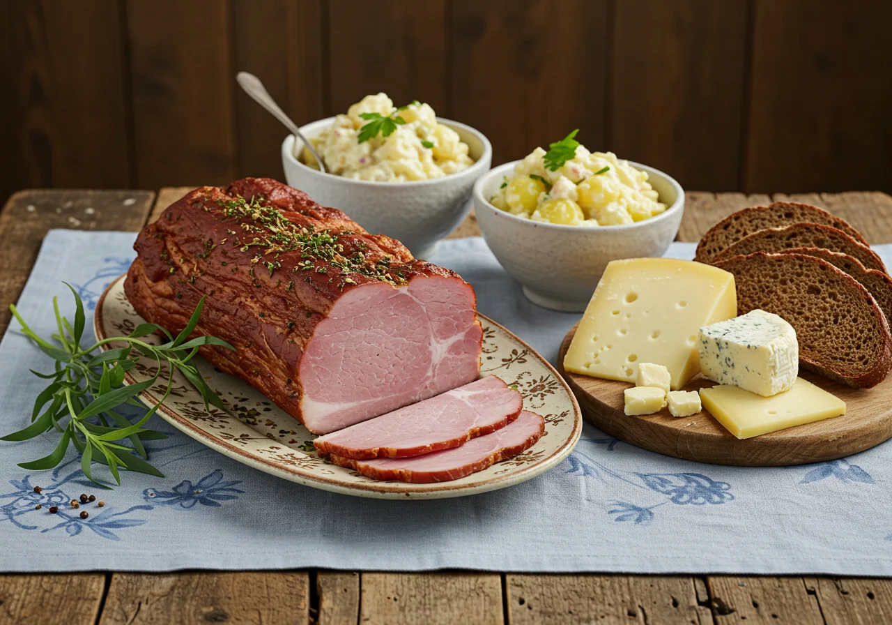 Final display of smoky Holsteiner Katenschinken, garnished and ready for an elegant meal.