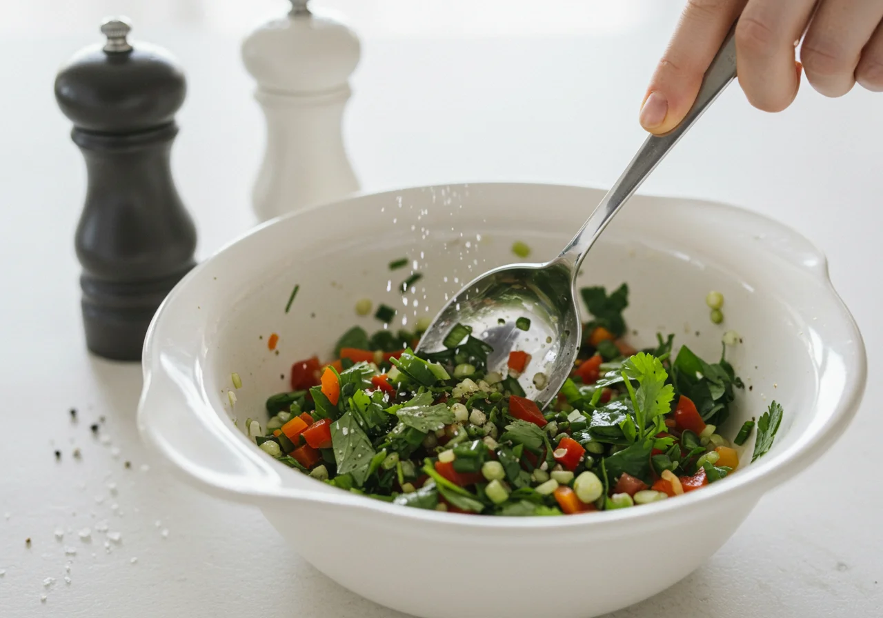 Mischen der frischen Zutaten für Gurken Tomaten Salat mit Salz und Pfeffer.