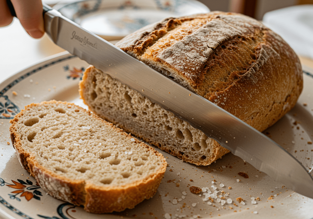 Sprüche Brot und Salz zum Einzug, illustrating the act of slicing bread with salt ready to be shared.