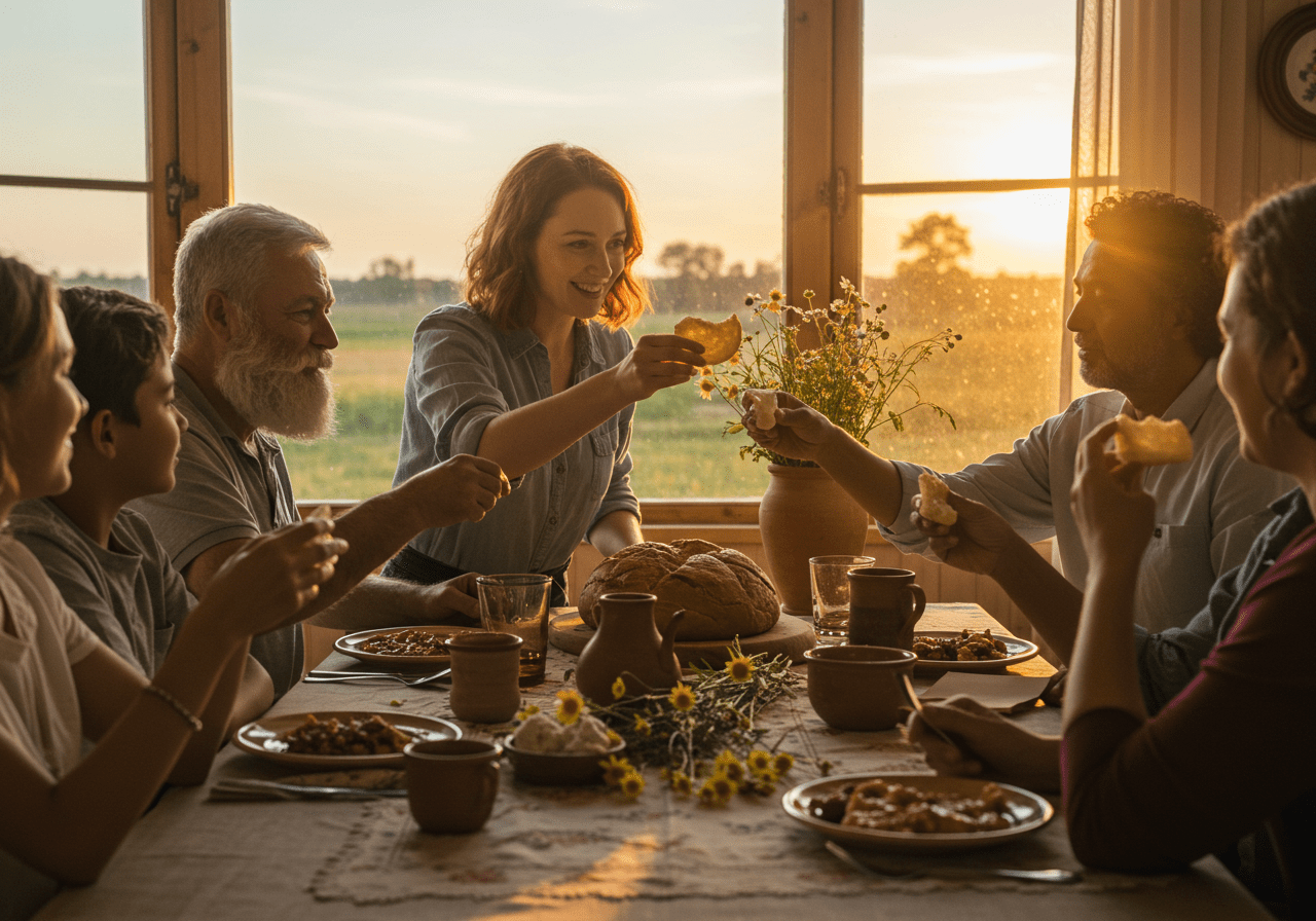 Einzug Spruch Brot und Salz being celebrated by a family gathering around the table.