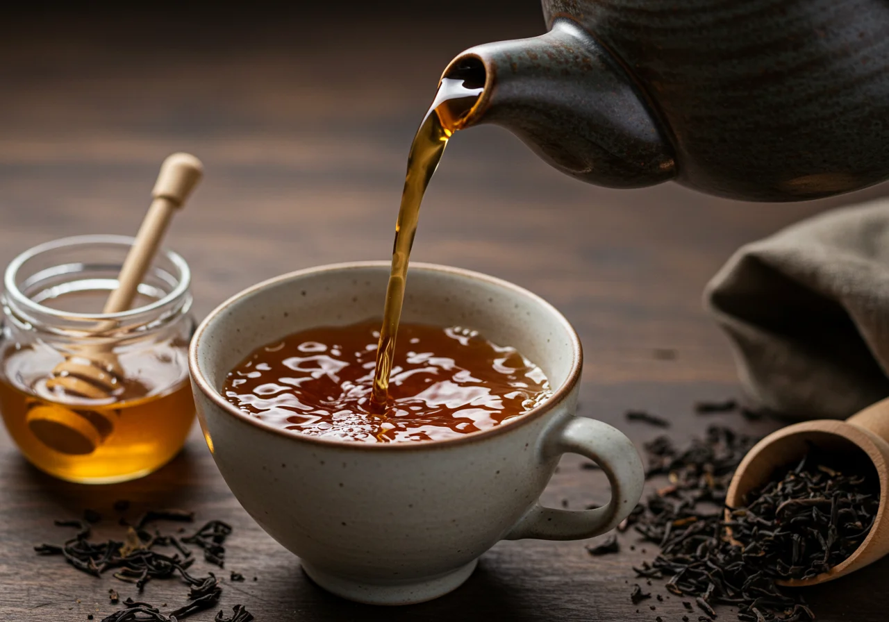 Schwarzer Tee wird in eine Tasse gegossen, um die Wirkung des Getränks darzustellen.