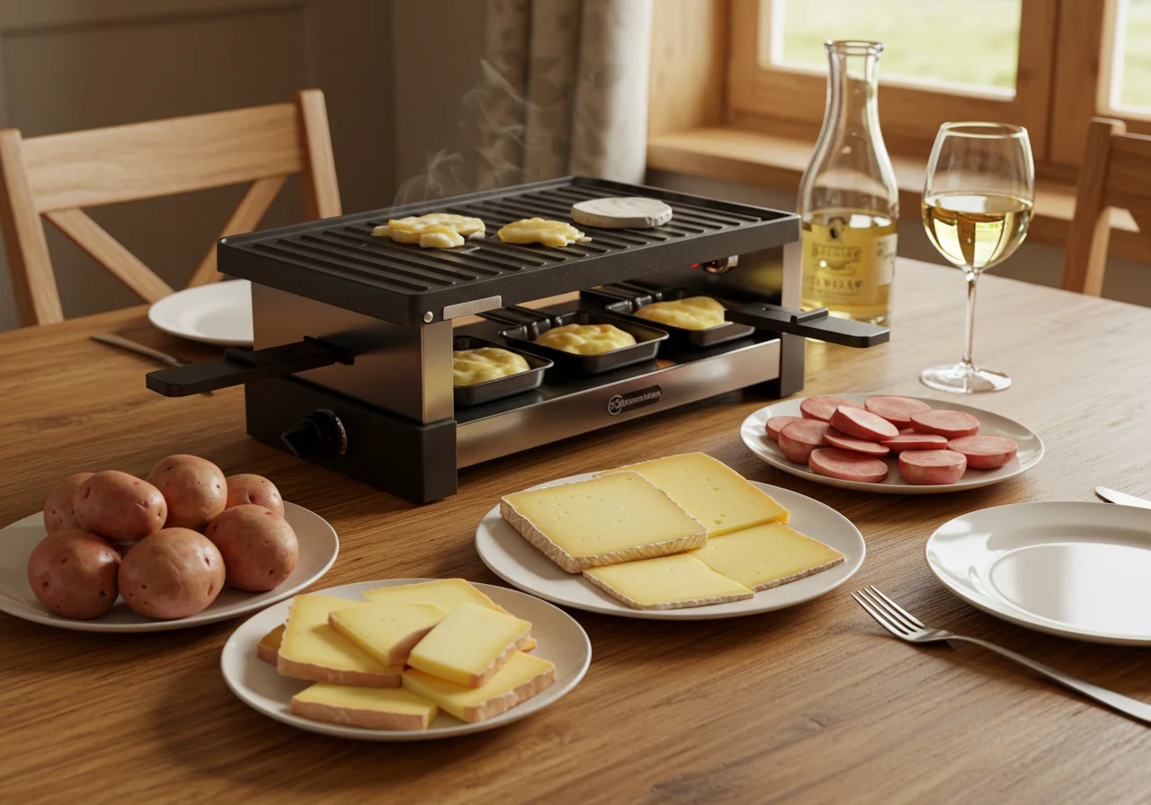 Raclette Grill auf dem Tisch mit vorbereiteten Zutaten für den Käsegenuss.