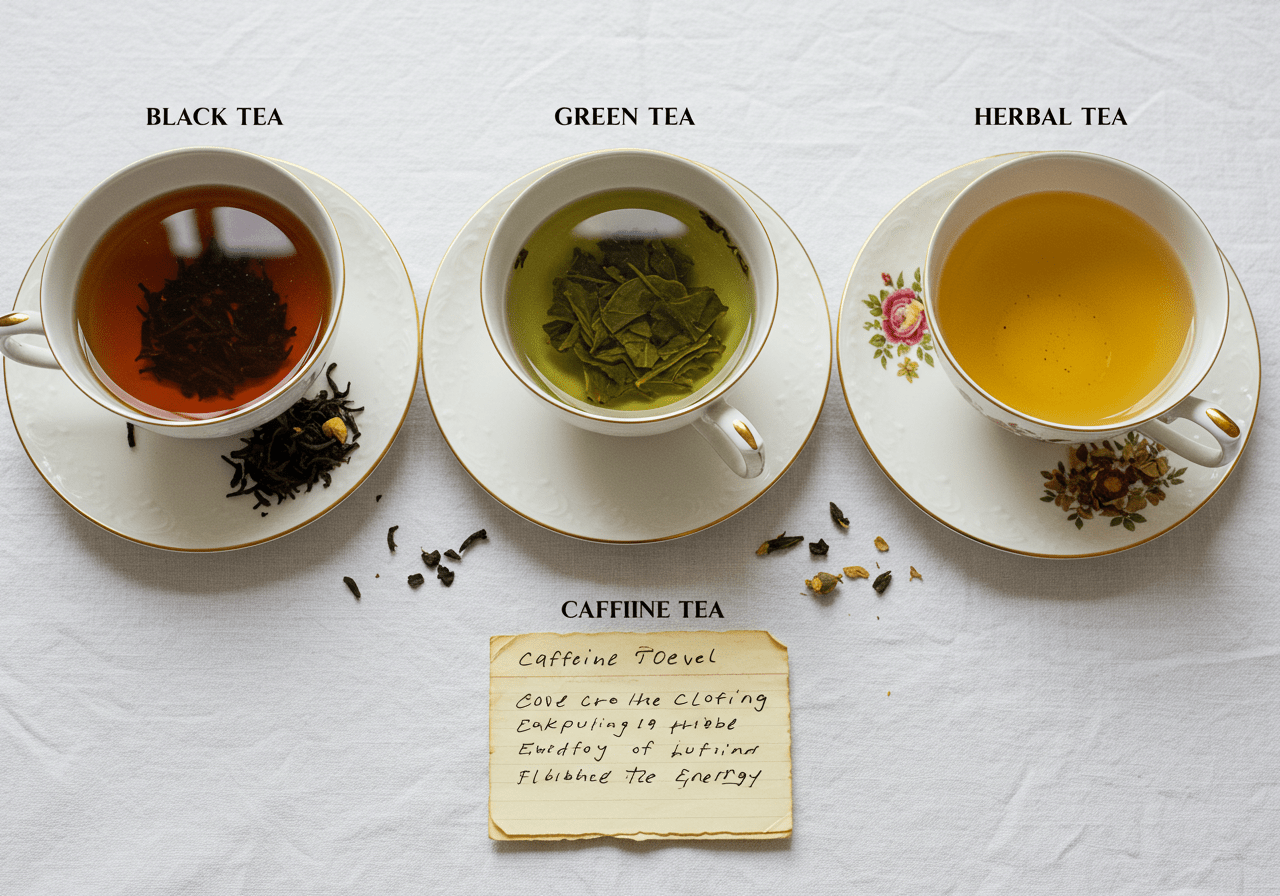 Vollendete Teepresentation mit schwarzem, grünem und weißem Tee, ideal zur Übersicht des Koffeingehalts.