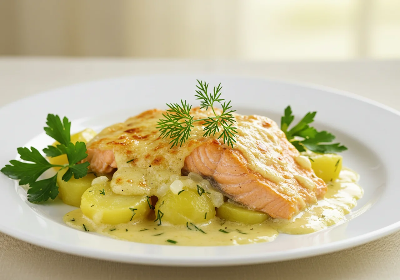 Finished zarter lachs auflauf mit kartoffeln, perfect for a delicious meal.