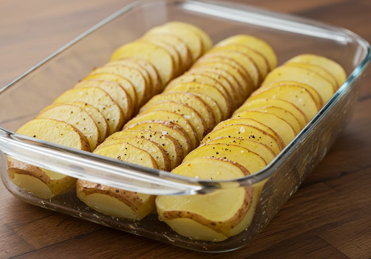 Sliced potatoes layered in a baking dish for zarter lachs auflauf mit kartoffeln.