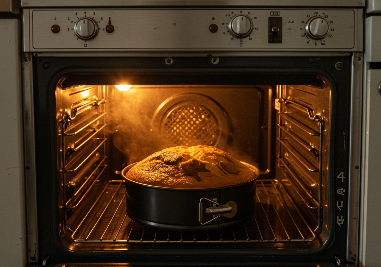 Golden Marmorkuchen baking in the oven, showcasing its rise and marble texture.