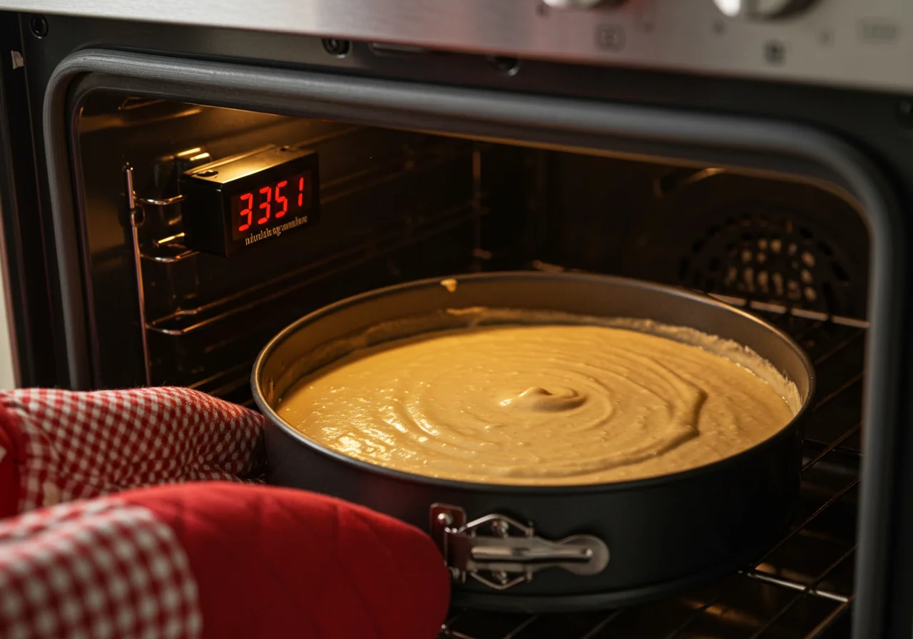 Backform mit Vanille Kuchen Teig wird in den Ofen geschoben für das Rezept.