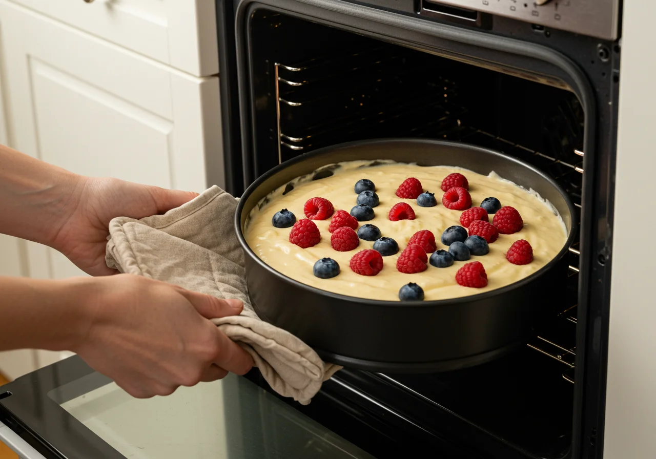 Batter für den Kuchen mit Beeren wird in den Ofen geschoben, um zu backen.