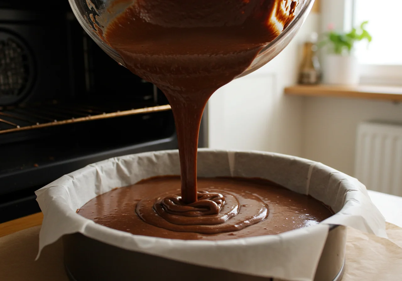 Kuchenform wird mit der Kakaomischung gefüllt für das Backen von 100% Schokolade.