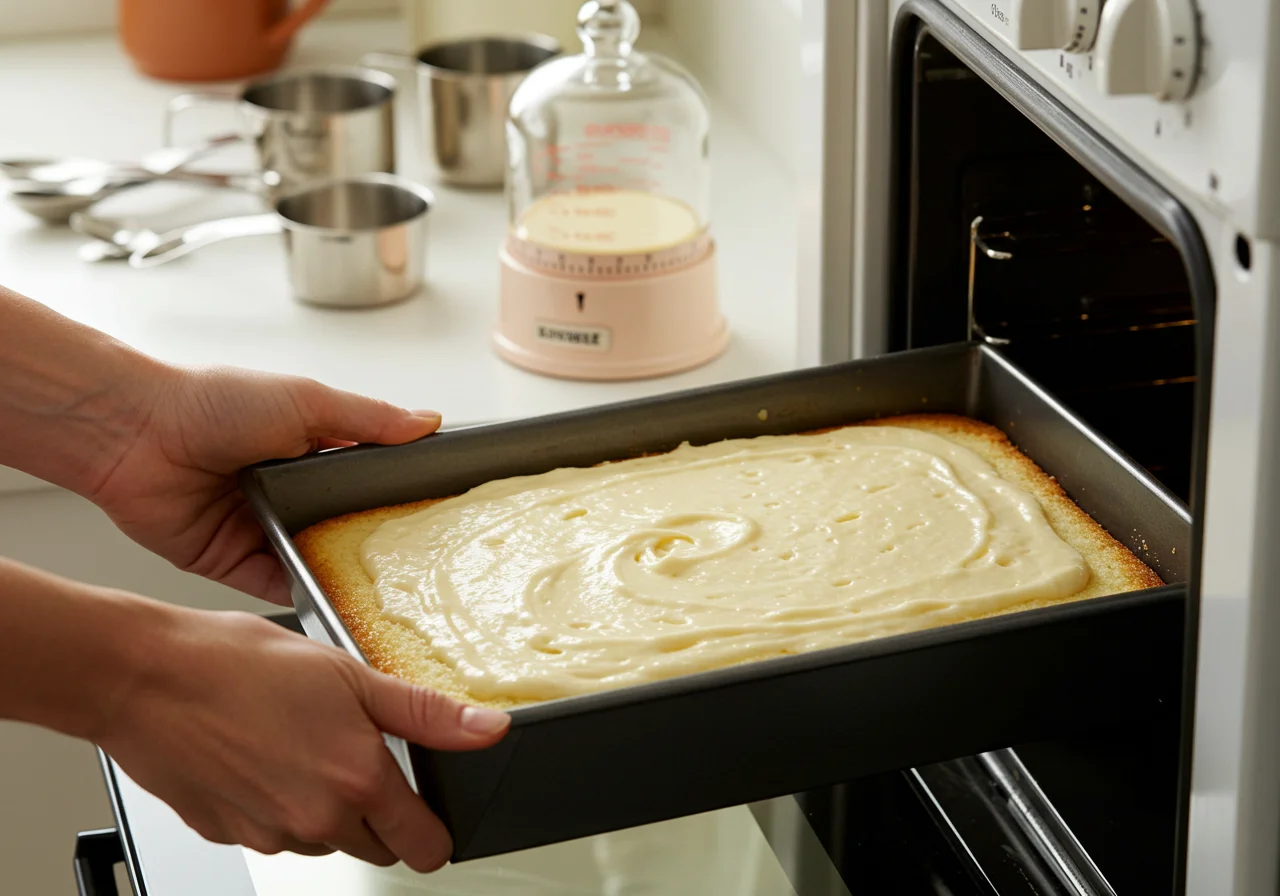 Die Backform mit kuchen aus weißer schokolade-Teig wird in den Ofen gestellt.