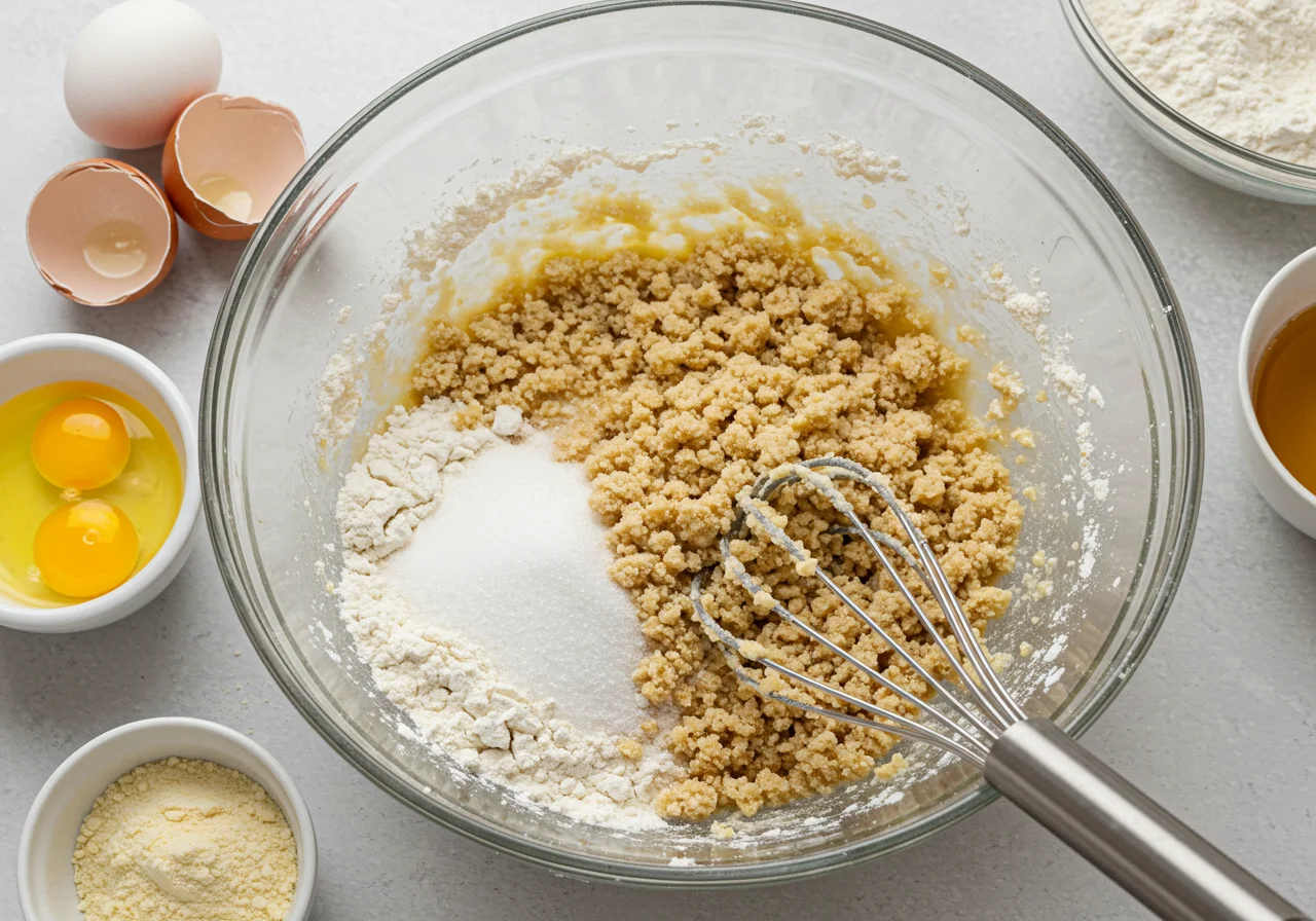 Zutaten für den Streuselkuchen: Mehl, Zucker und Butter werden zu einer krümeligen Mischung verarbeitet.