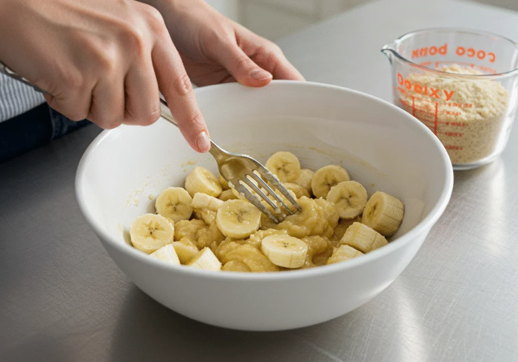 Ripe bananas being mashed for a kuchen ohne zucker und mehl recipe.