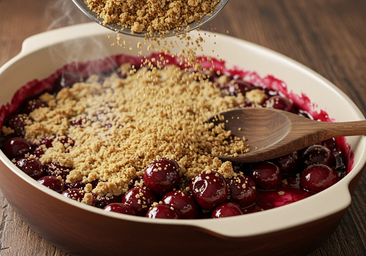 Streuselbelag, der auf den kirsch streuselkuchen mit pudding in der Backform gestreut wird.