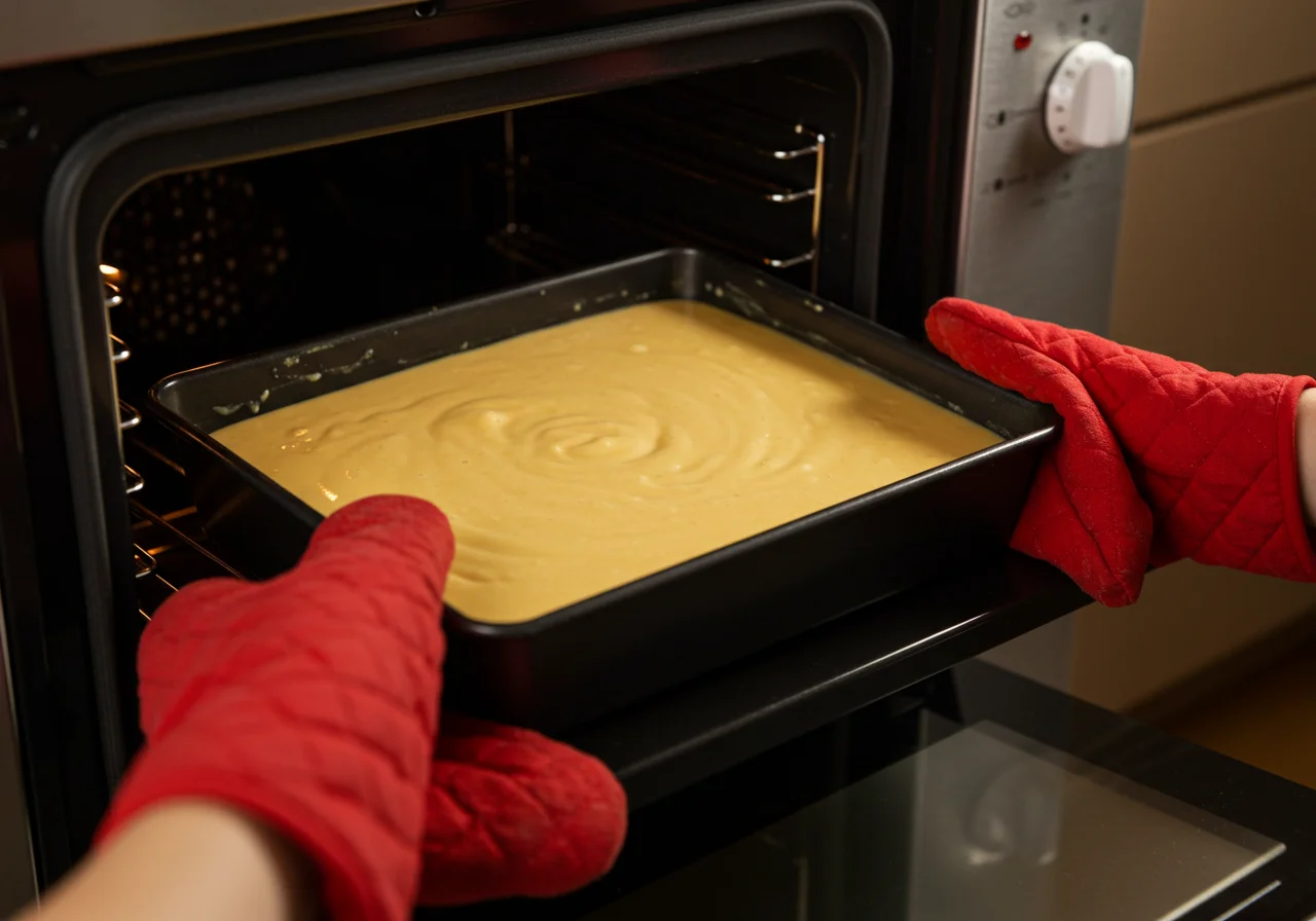 Placing batter-filled pan in the oven for saftiger veganer kuchen.