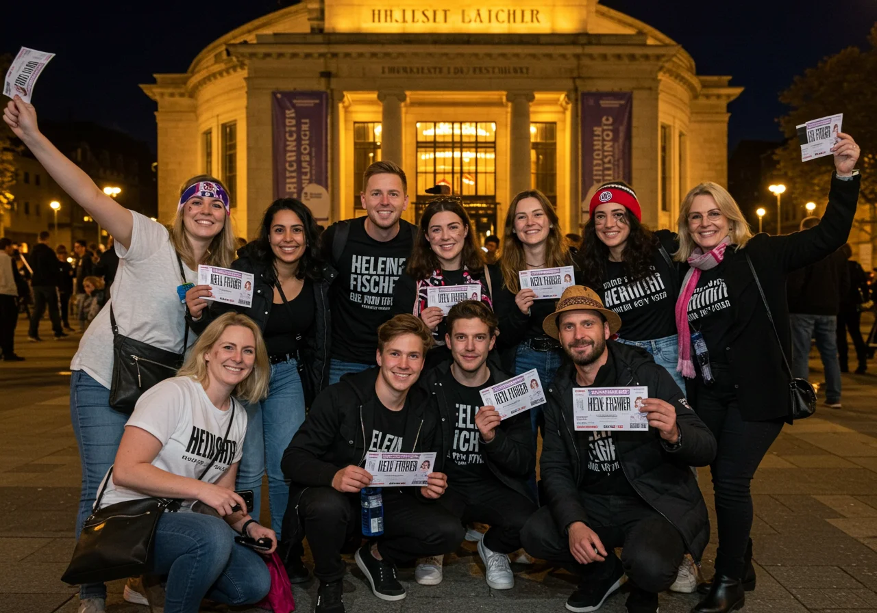 Fans mit Helene Fischer Merchandise und Tickets vor dem Konzert 2025.