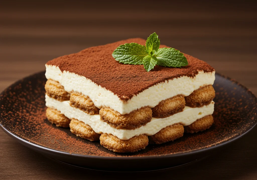 Delicious Tiramisu-inspired dessert with ricotta, topped with cocoa and mint, perfect for dessert lovers.