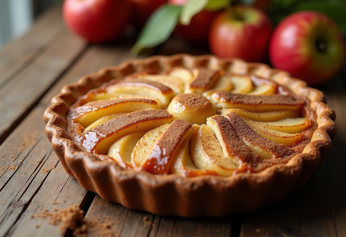 Fertiger Apfelkuchen mit Zimtnote, perfekt für herbstliche Genüsse.