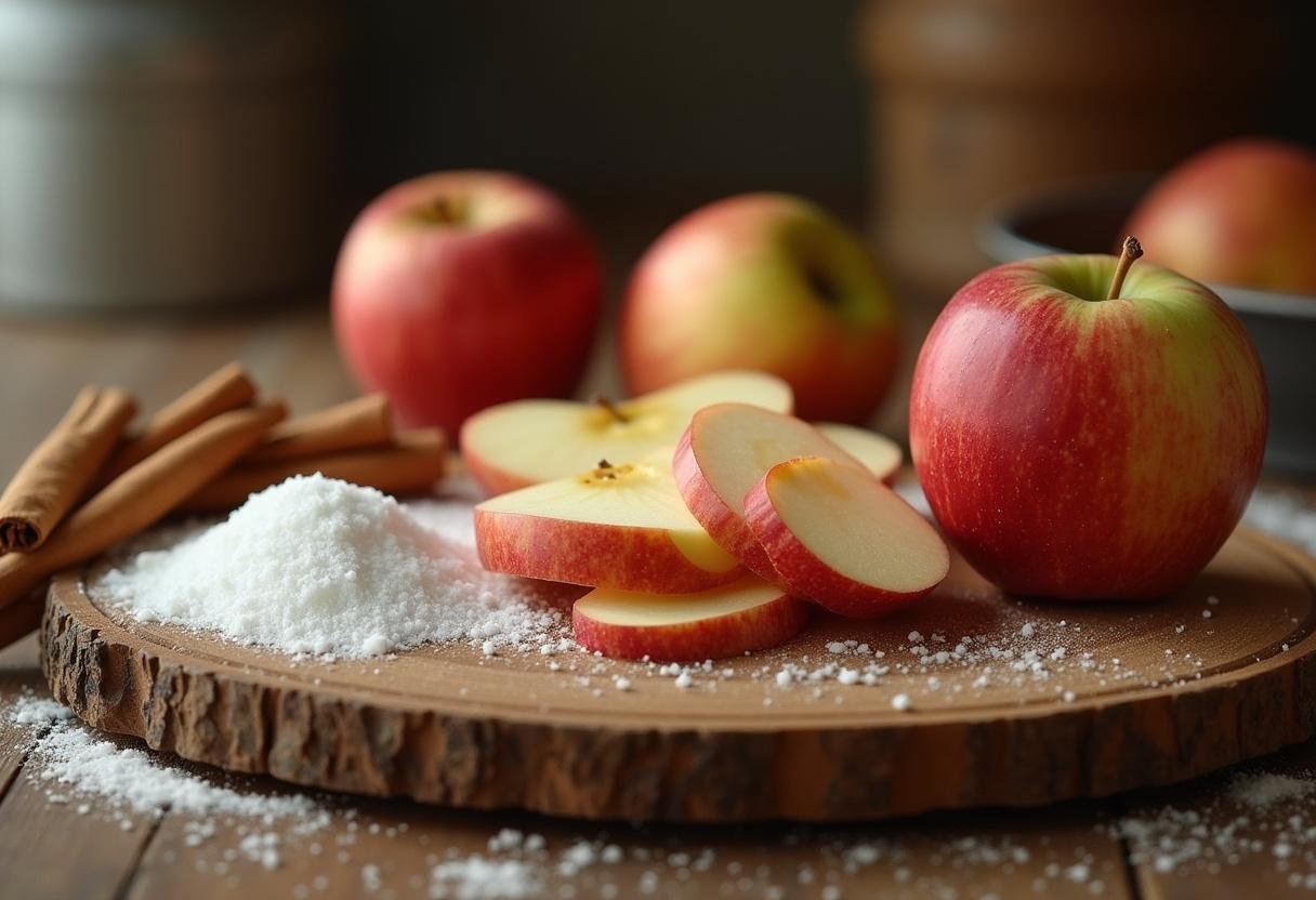 Frische Äpfel werden auf einem Schneidebrett für einen herbstlichen Apfelkuchen geschnitten.