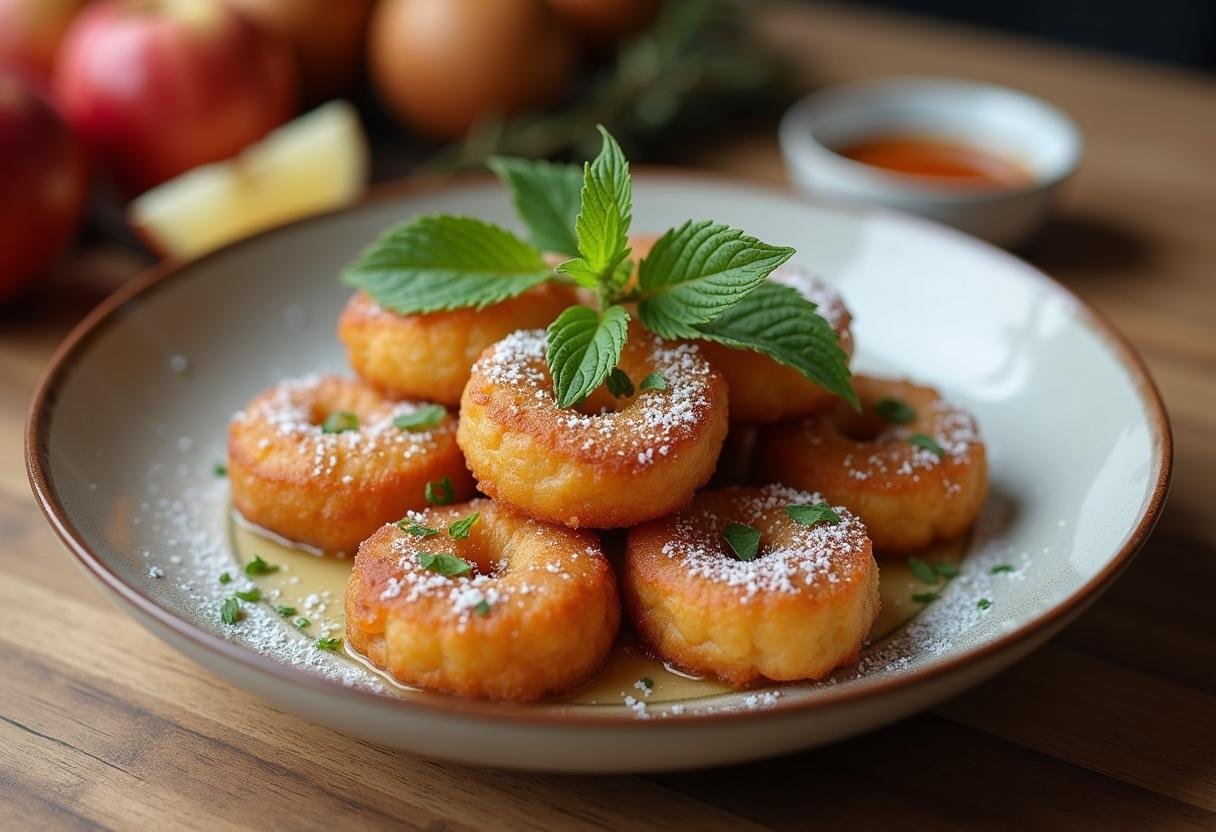 Servierte Apfelküchlein mit Apfelmus und Minzblättern, perfekt für ein schnelles Dessert.