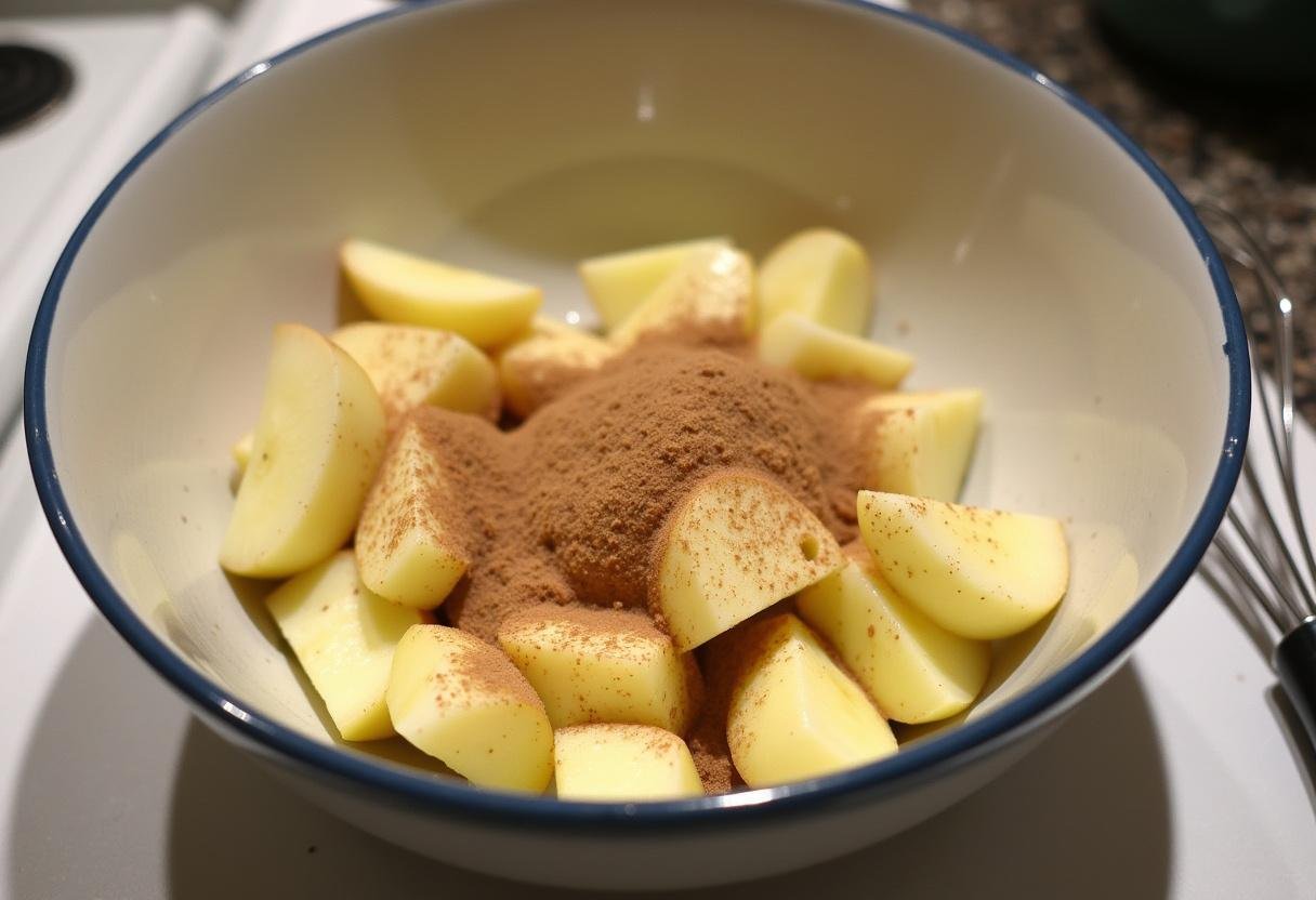 Apfelstückchen mit Zucker und Zimt für das Apfelküchlein Rezept vorbereitet.