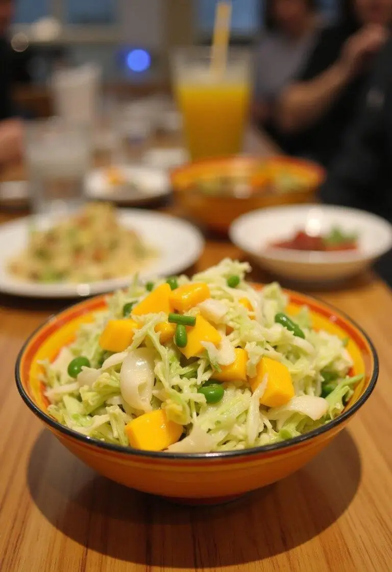 Finished Asian Cabbage Mango Salad showcasing bright colors and textures for a refreshing dish.