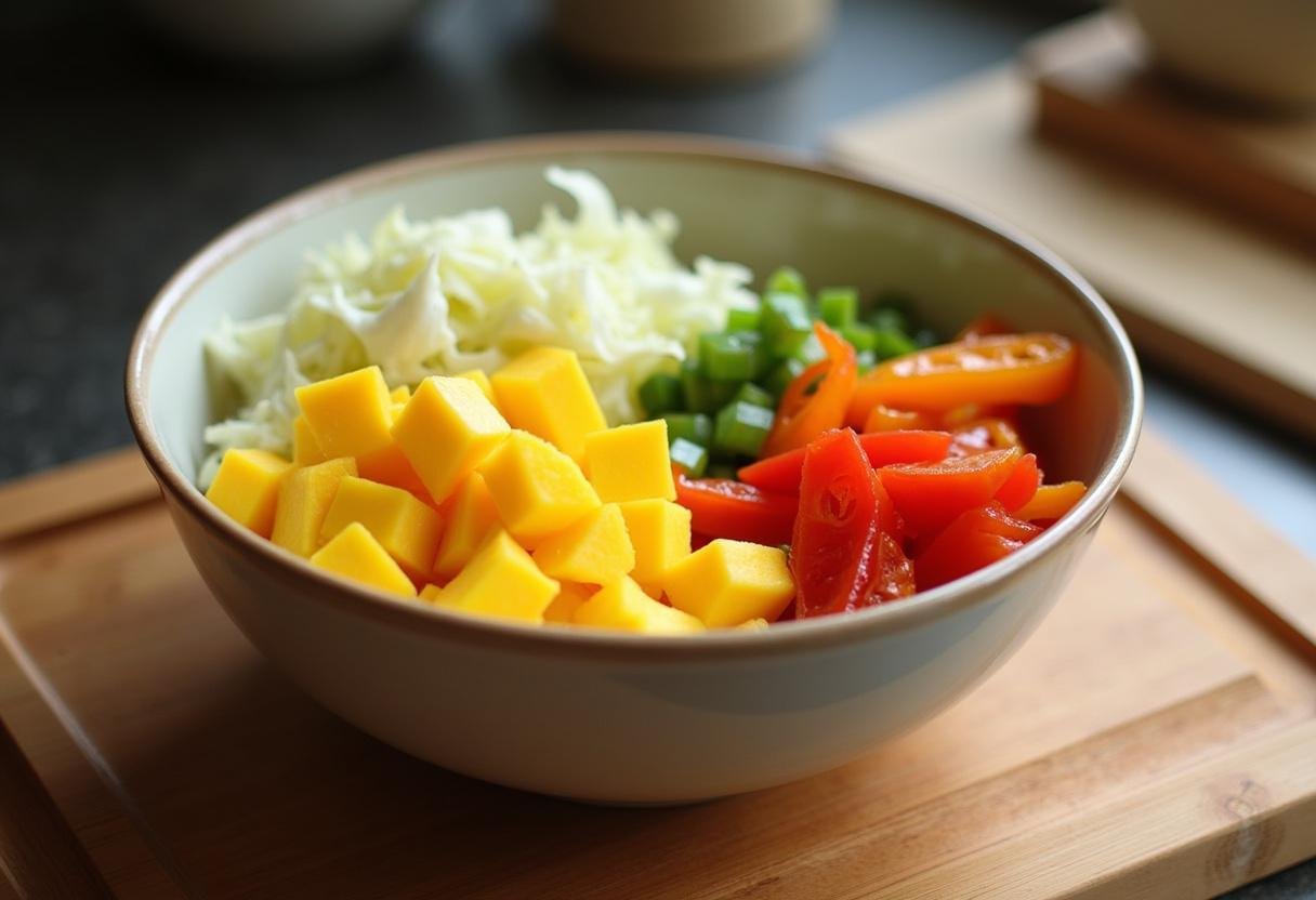Sliced Asian cabbage and mango chunks in a bowl for Asian Cabbage Mango Salad.