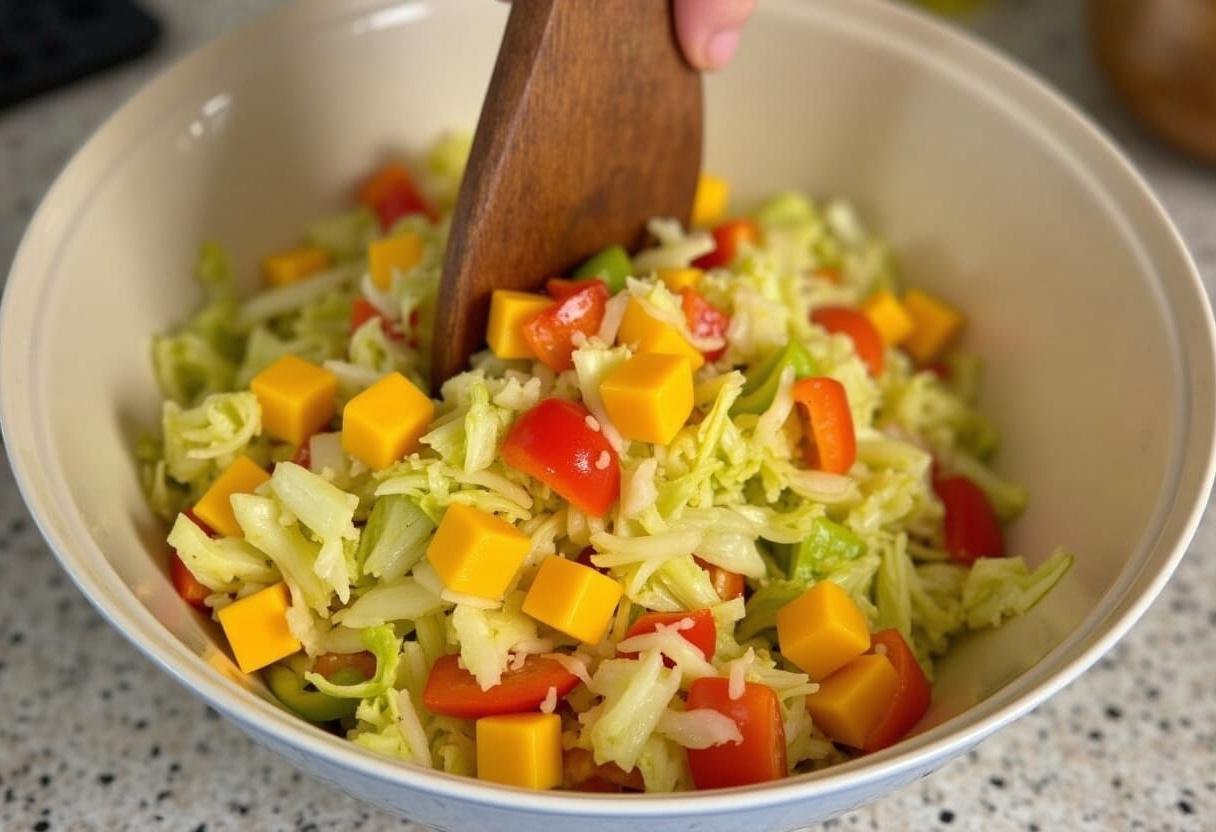 Tossing Asian cabbage, mango, and bell peppers for a fresh salad mix.