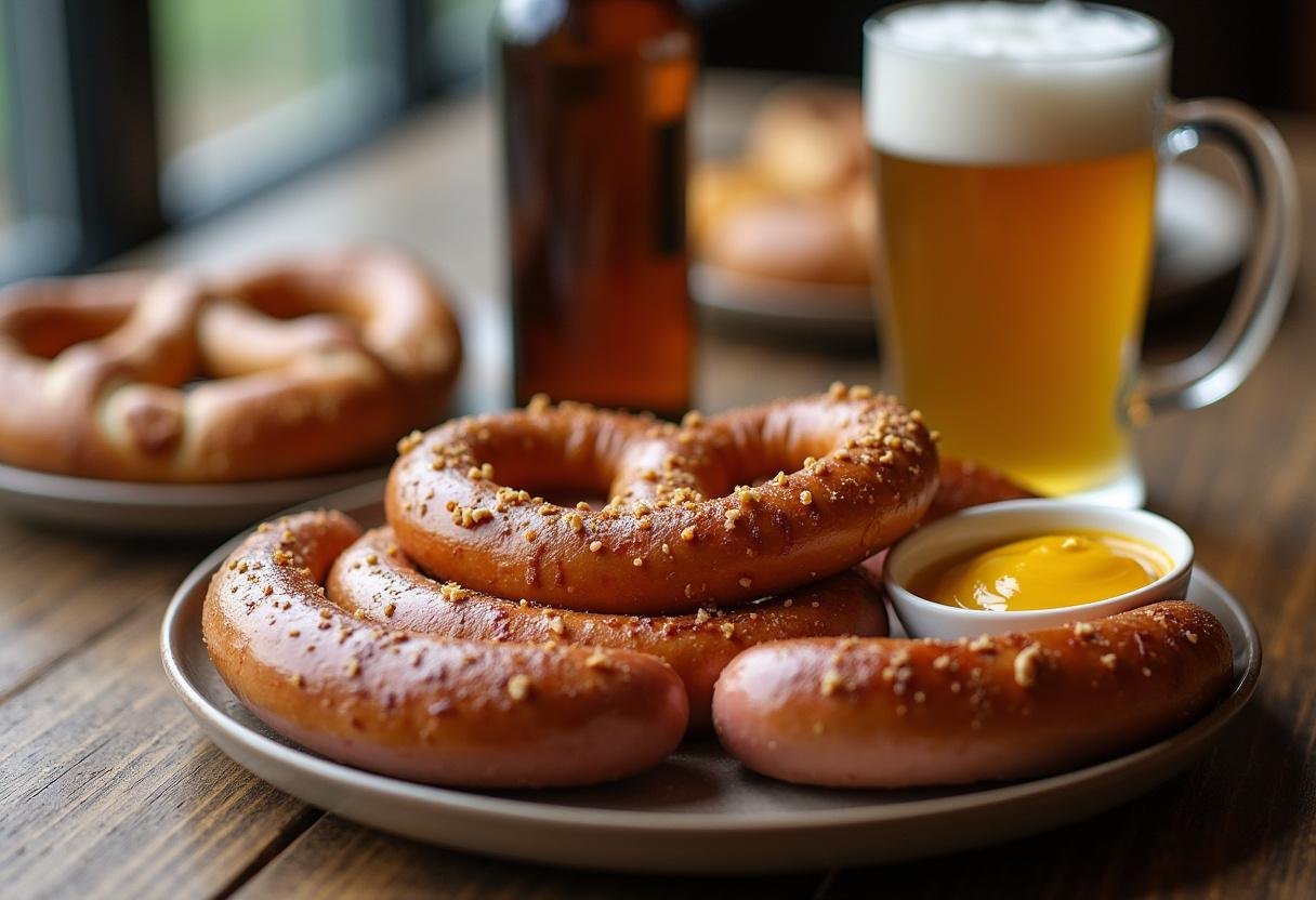 Traditionelles Bayerisches Frühstück mit Weißwurst, Brezel, süßem Senf und Weißbier.