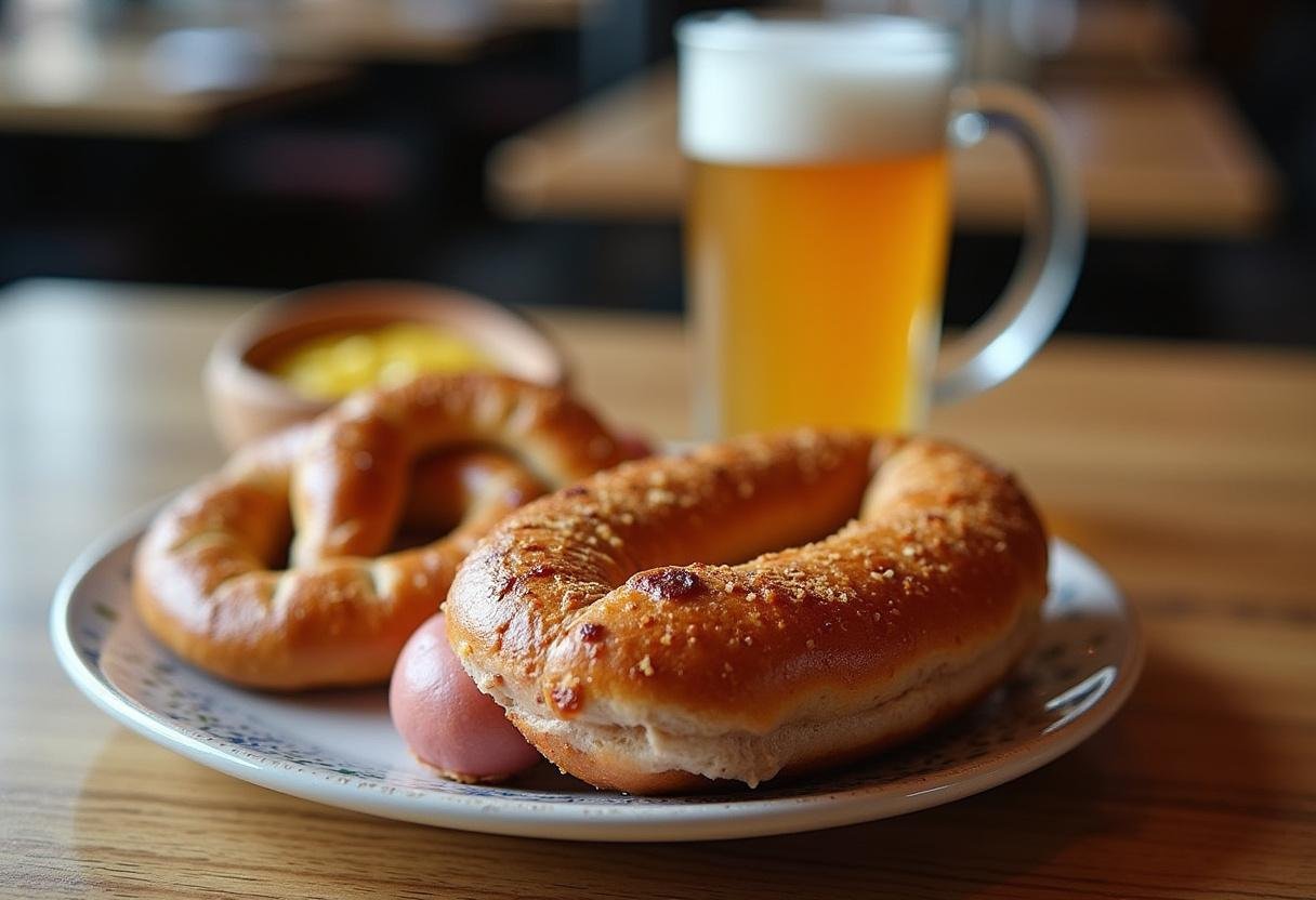 Traditionelles Bayerisches Frühstück mit Weißwurst, Brezel, süßem Senf und Weißbier.