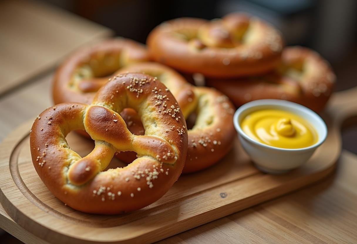 Frische Brezel und süßer Senf als Beilage zu Bayerischer Weißwurst.