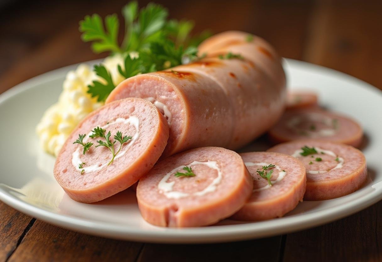 Traditionell angerichtete Bayerische Weißwurst mit Petersilie garniert.