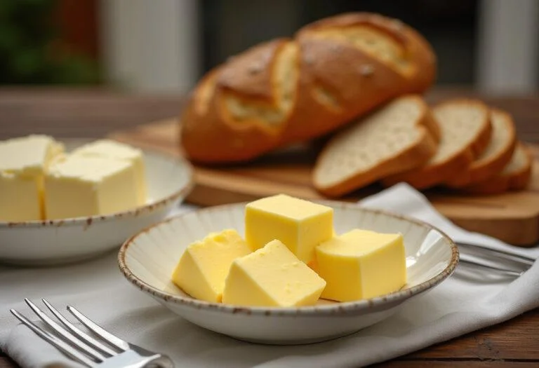 Vielzahl von Butter im Angebot präsentiert auf einem Tisch mit frischem Brot, ideal für eine Verkostung.