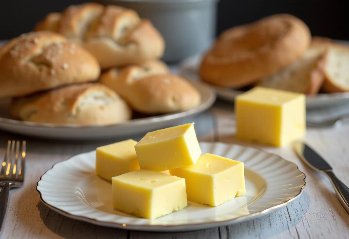 Vielzahl von Butter im Angebot präsentiert auf einem Tisch mit frischem Brot, ideal für eine Verkostung.