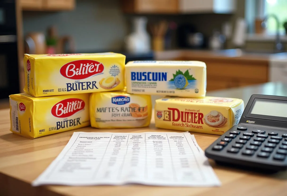 Vergleich von Butter Angeboten auf der Küchenzeile, verschiedene Marken und Preise im Fokus.