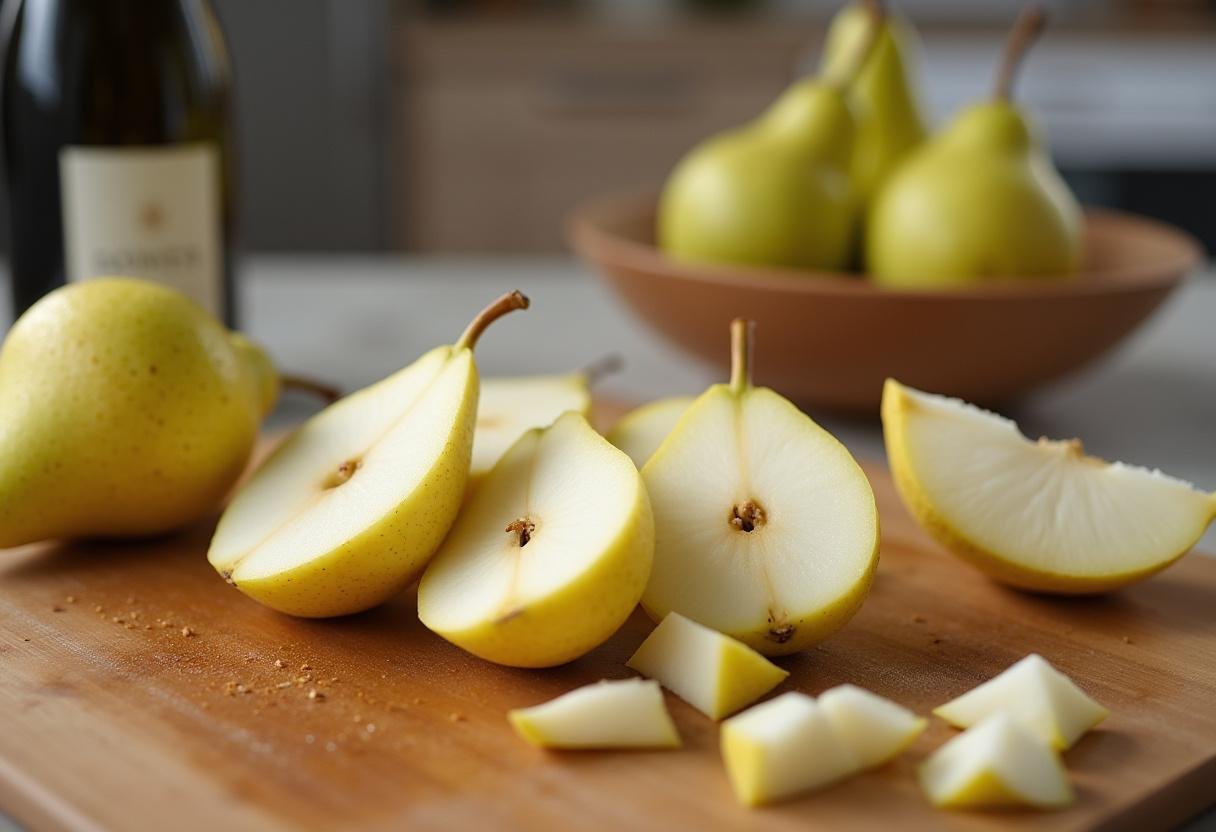 Frische Birnen werden geschält und geschnitten für eine Birnentorte mit Weißwein.
