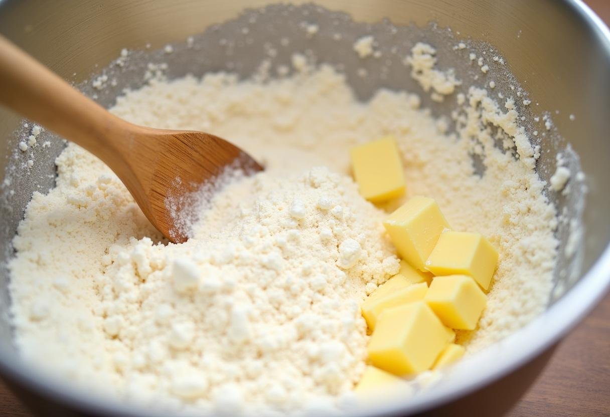 Mehl, Zucker und Butter werden für den Teig der Birnentorte vermischt.
