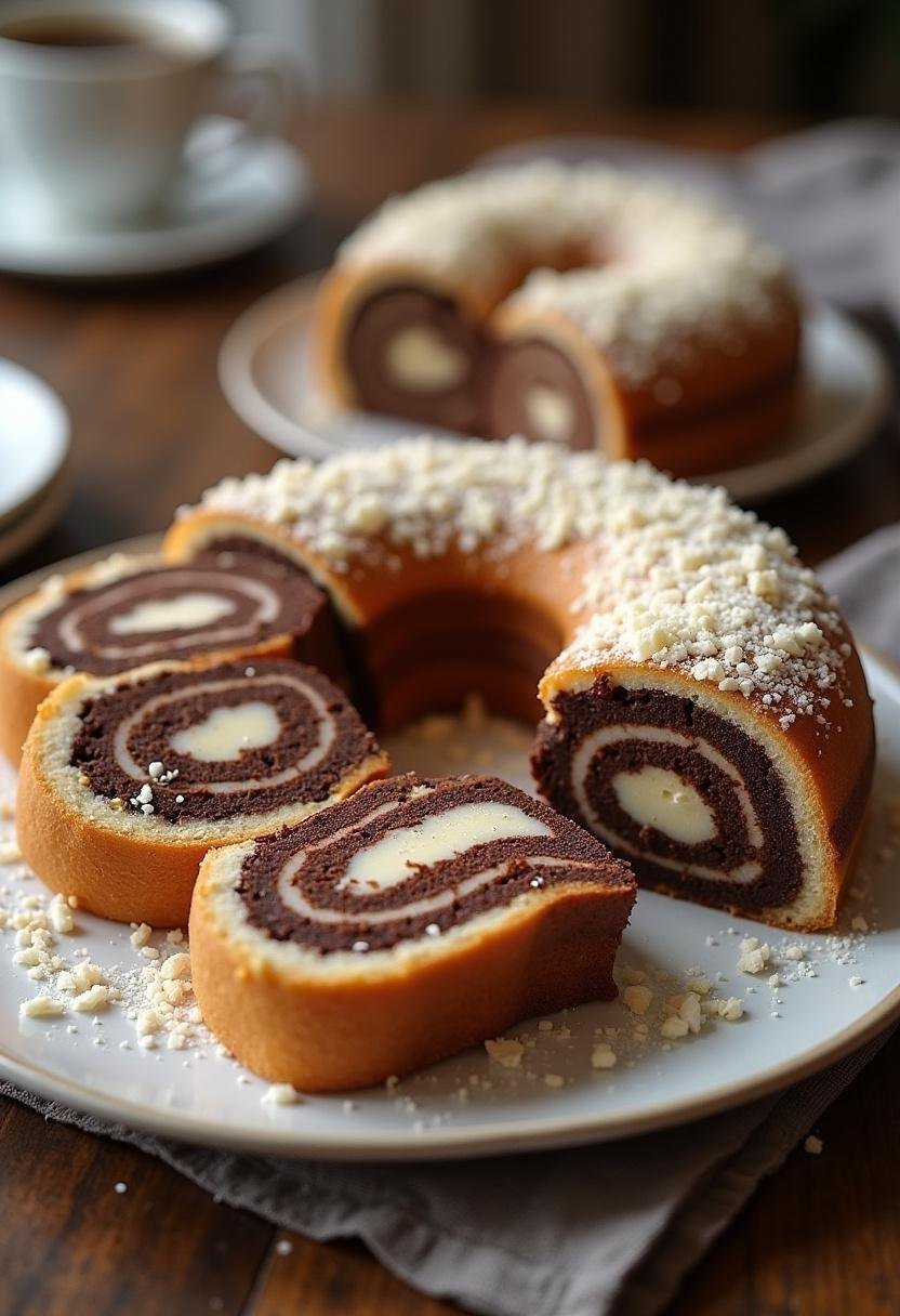 Fertiger Bounty-Kuchen ohne Backen, in Scheiben geschnitten, perfekt zum Servieren.