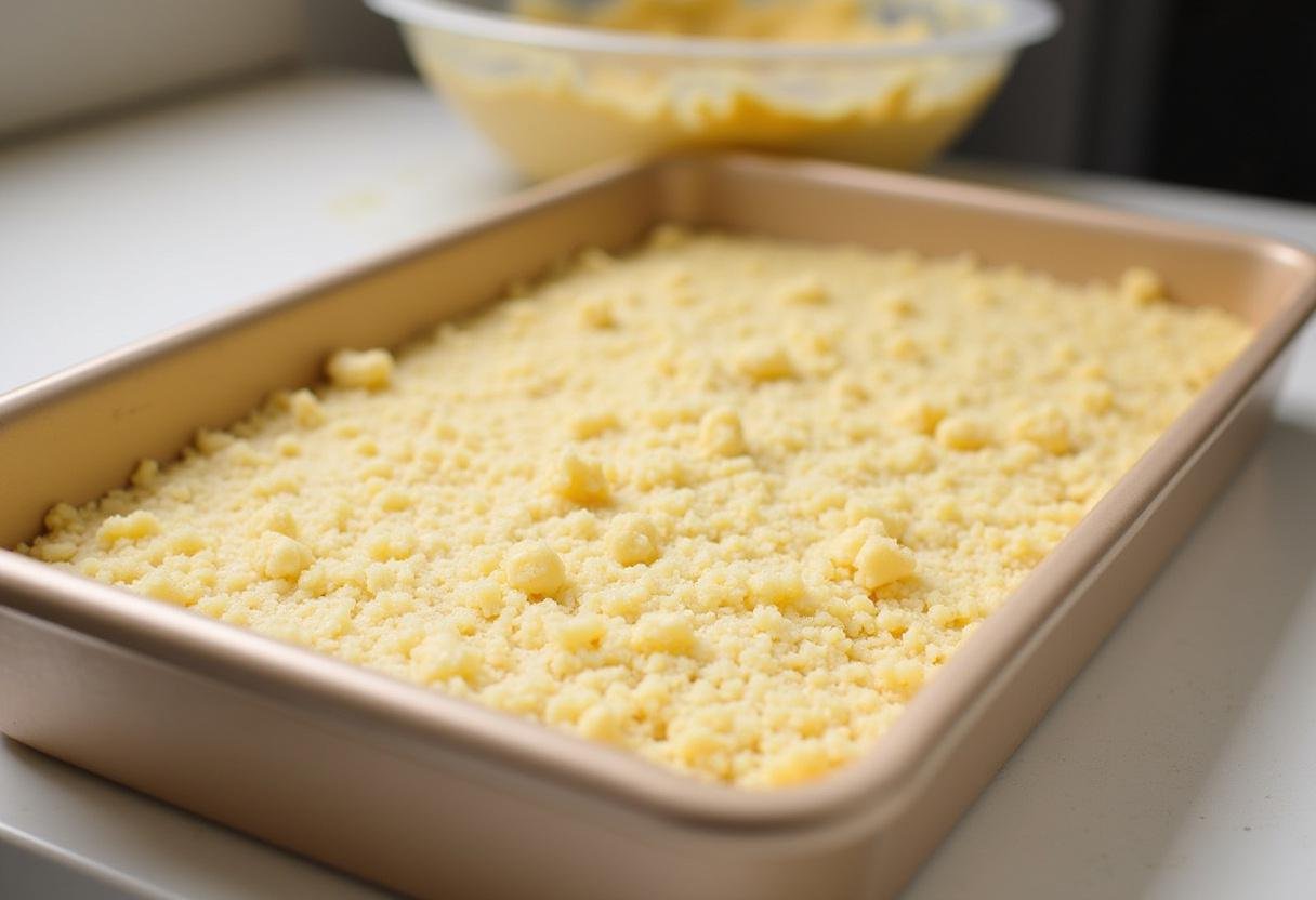 Keks- und Kokosmischung wird gleichmäßig in eine Backform für Bounty-Kuchen verteilt.
