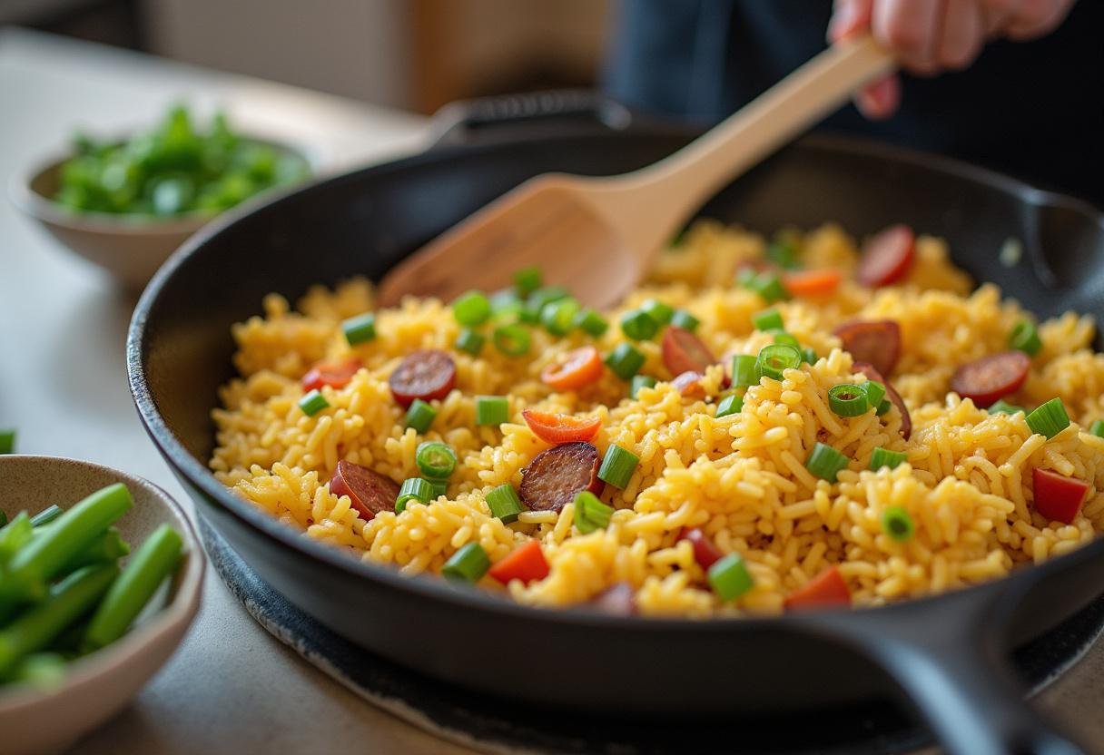 Bratreis mit Ei und Gemüse wird in der Pfanne umgerührt und mit Frühlingszwiebeln garniert.