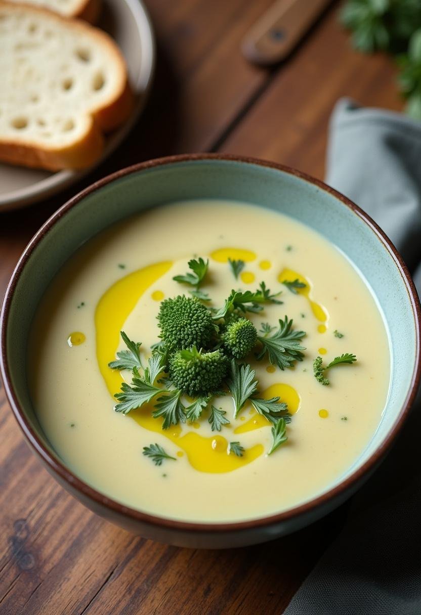 Fertige Brokkoli Kartoffelsuppe, serviert mit frischen Kräutern und Olivenöl, ideal für kalte Tage.