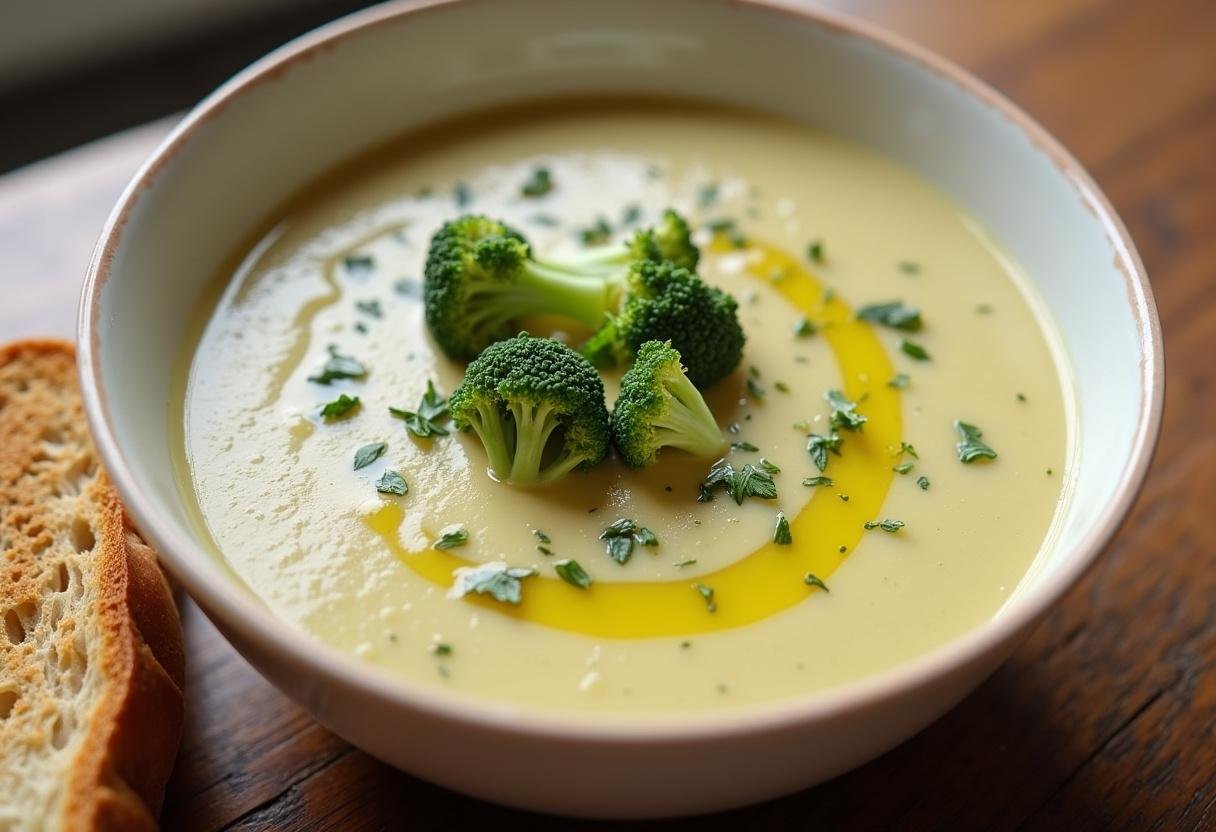 Fertige Brokkoli Kartoffelsuppe, serviert mit frischen Kräutern und Olivenöl, ideal für kalte Tage.