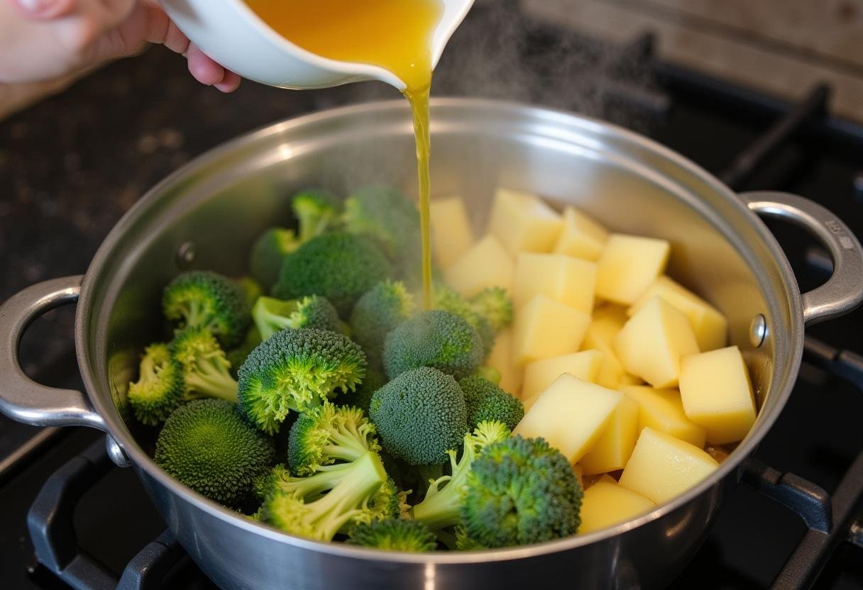 Zutaten für Brokkoli Kartoffelsuppe: frischer Brokkoli und gewürfelte Kartoffeln in einem Topf.