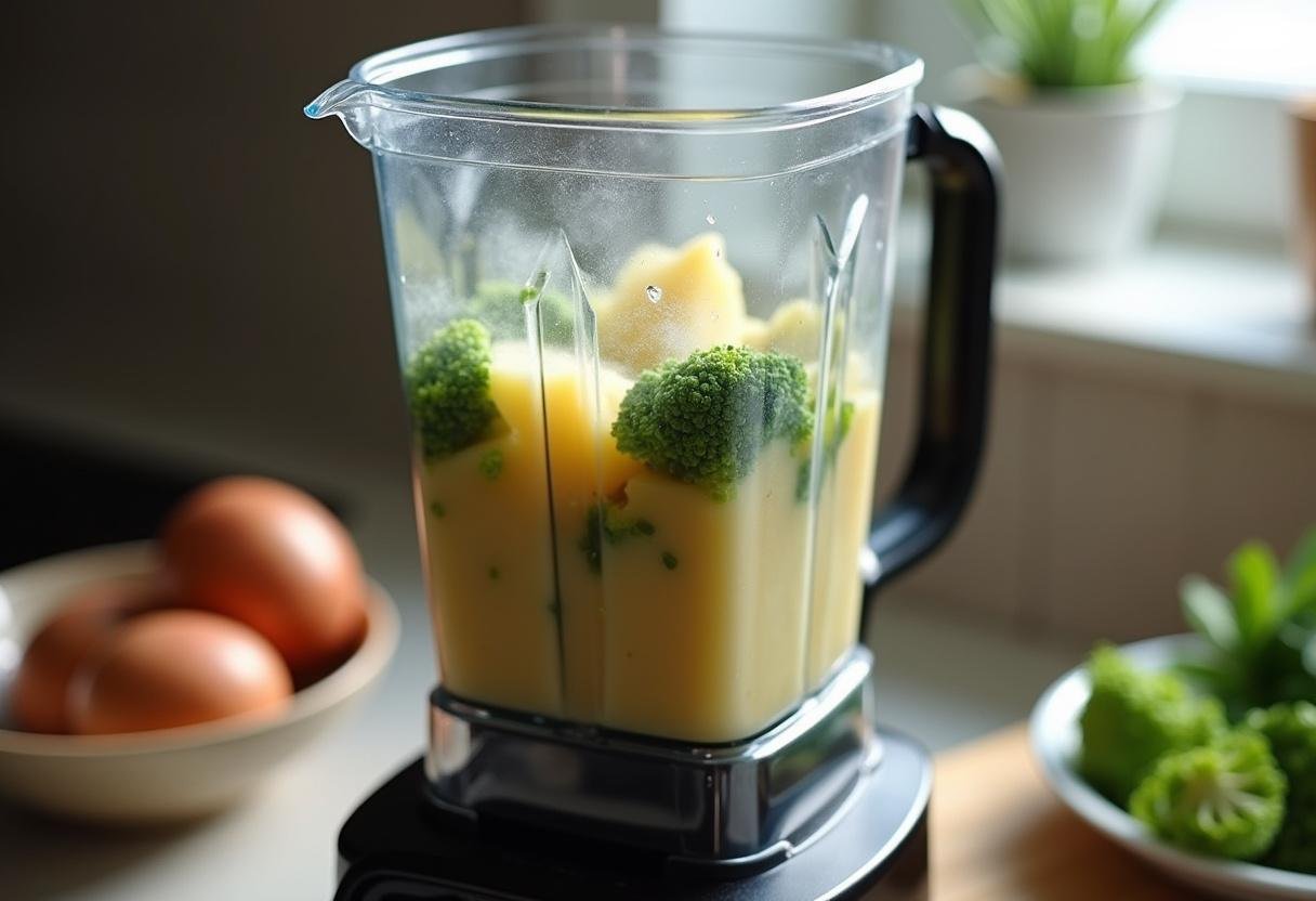 Brokkoli Kartoffelsuppe Mischung in einem Mixer für eine cremige Konsistenz.