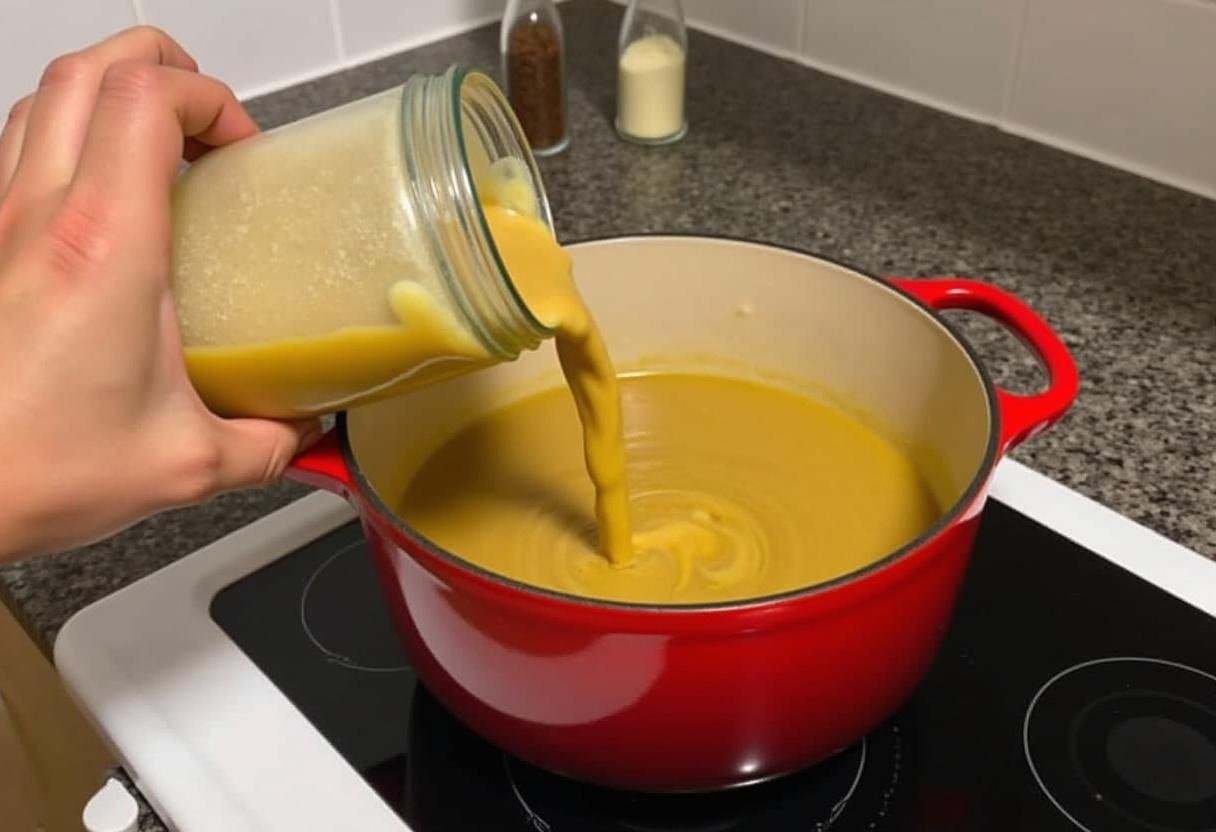 Die pürierte Brokkoli Kartoffelsuppe wird in den Topf zurückgegossen, um gewürzt zu werden.
