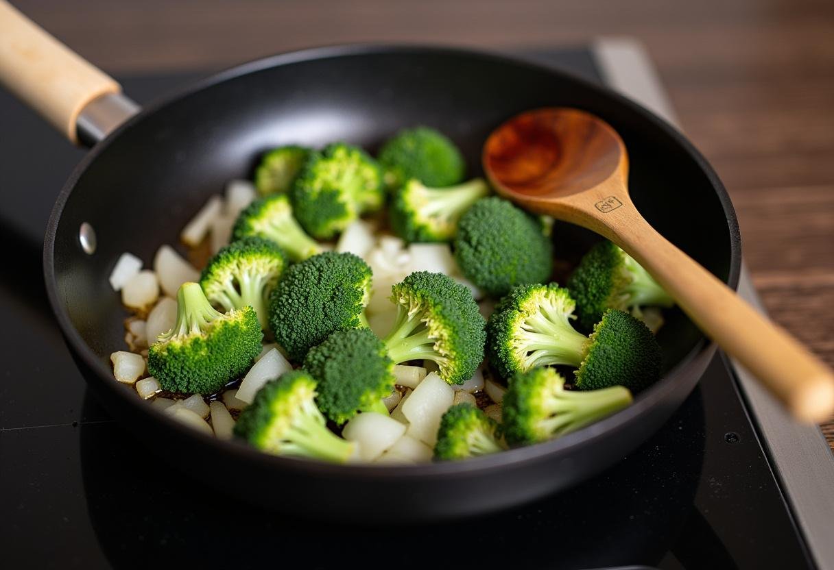 Broccoli and onions being sautéed for Brokkoli-Reis-Pfanne on the stove.