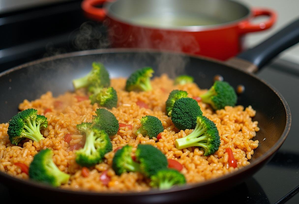 Colorful Brokkoli-Reis-Pfanne stir-fry in a pan, ready to be served.